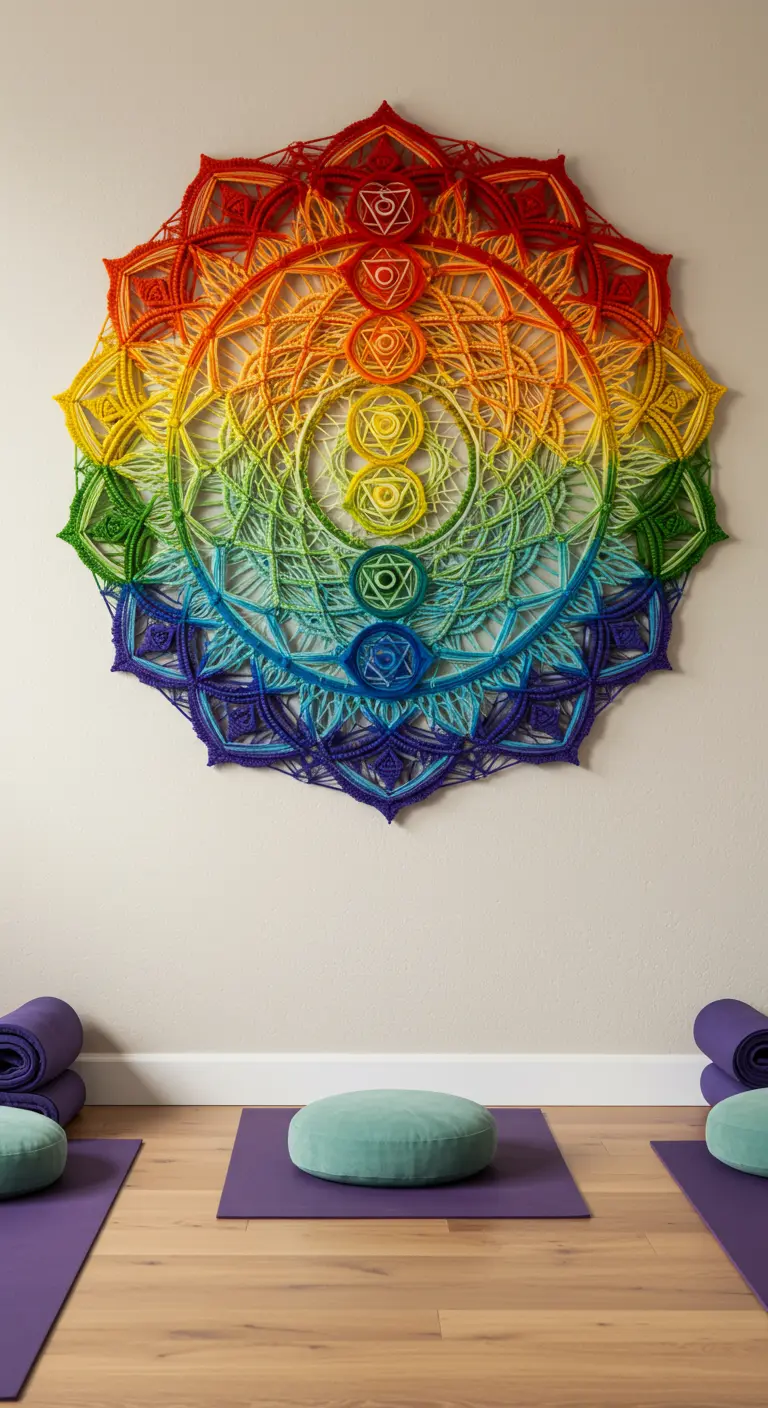 Mandala de macramé gigante con los colores del arcoíris colgado en un estudio de yoga.