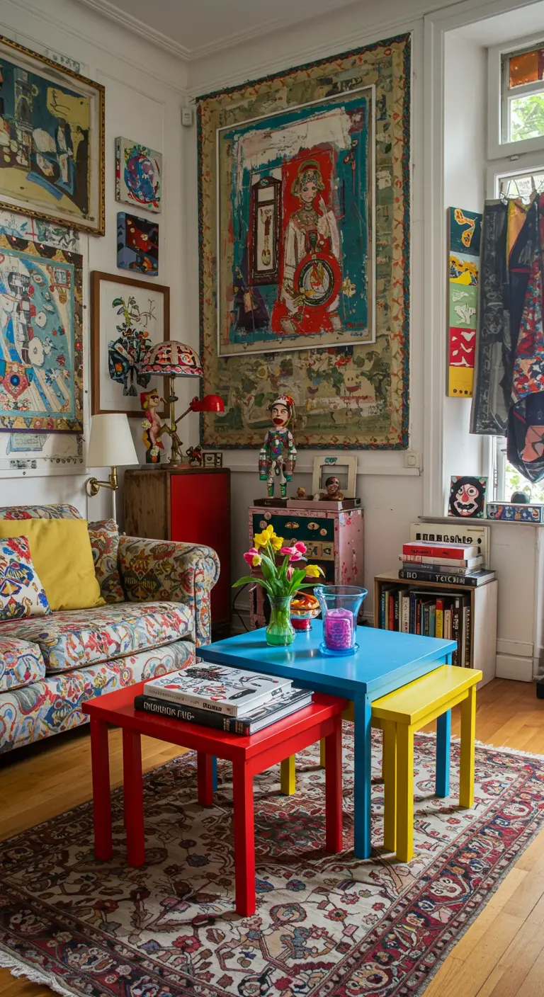 Mesas nido de colores primarios (rojo, azul, amarillo) en un salón ecléctico y vibrante