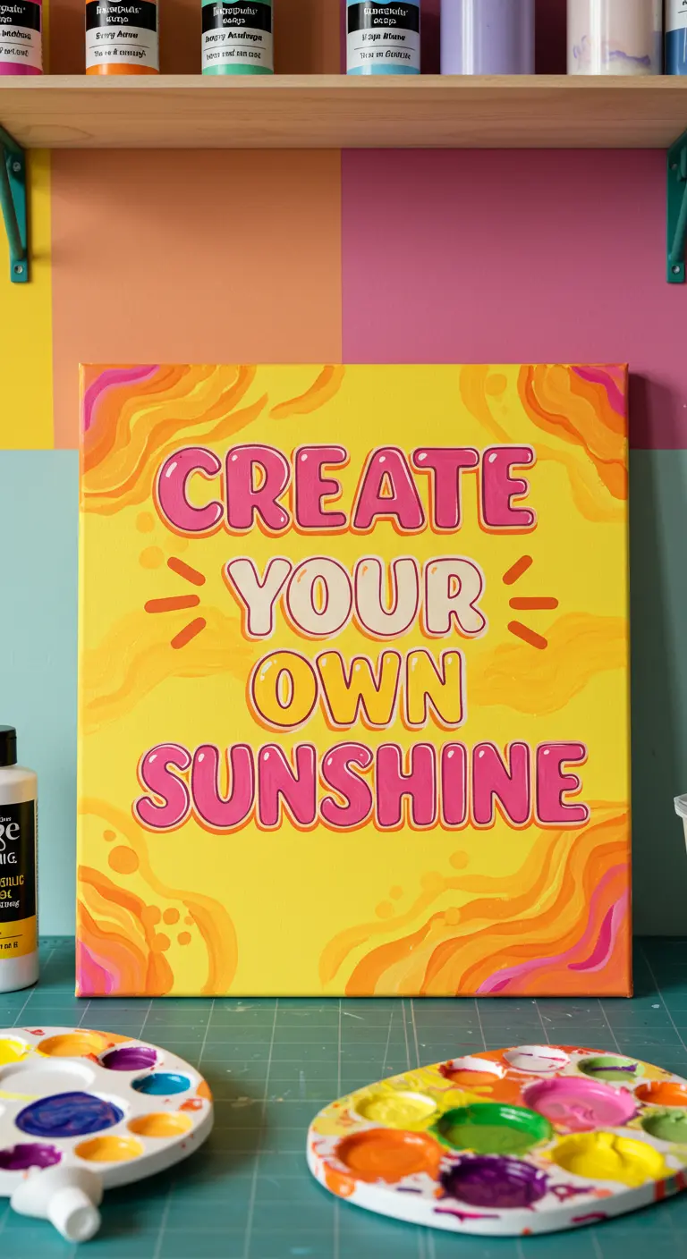 Lienzo cuadrado con un diseño retro y la frase 'Create your own sunshine' en rosa y amarillo.