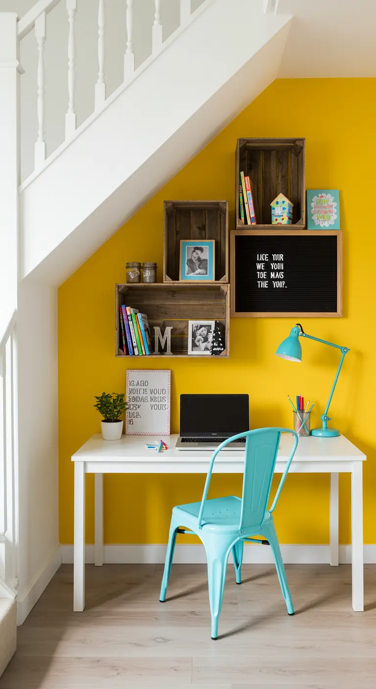 Oficina bajo escalera con pared amarilla, estanterías de cajas de madera y silla turquesa.