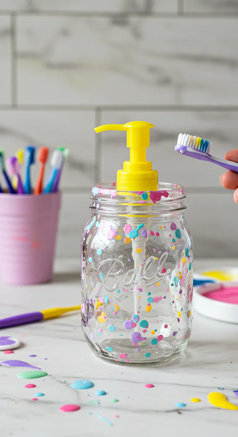 Dispensador de jabón decorado con salpicaduras de pintura de colores vivos sobre un frasco de vidrio.