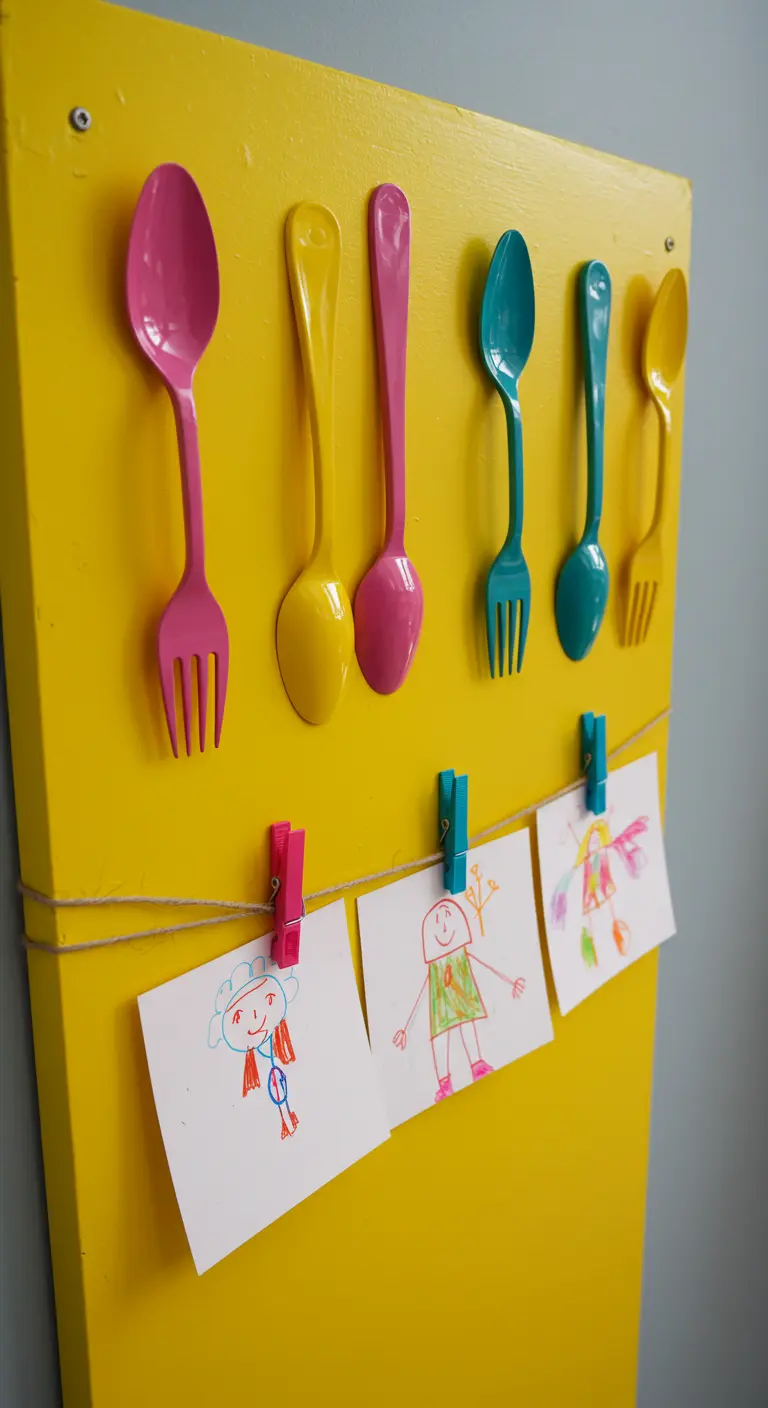 Cubiertos de plástico de colores vivos pegados a una tabla amarilla para colgar dibujos infantiles.