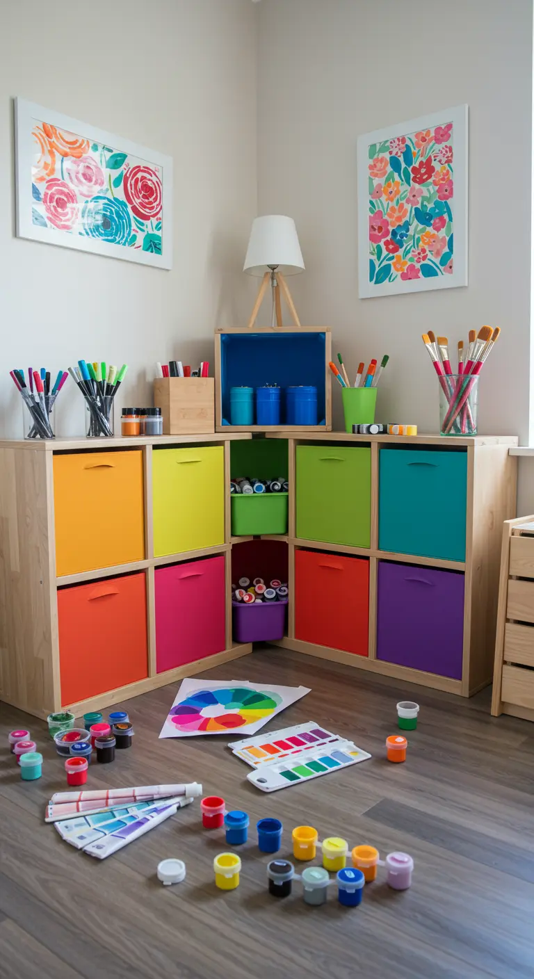 Mueble de almacenaje con huecos cuadrados y cajones de colores hechos con cajas de madera.