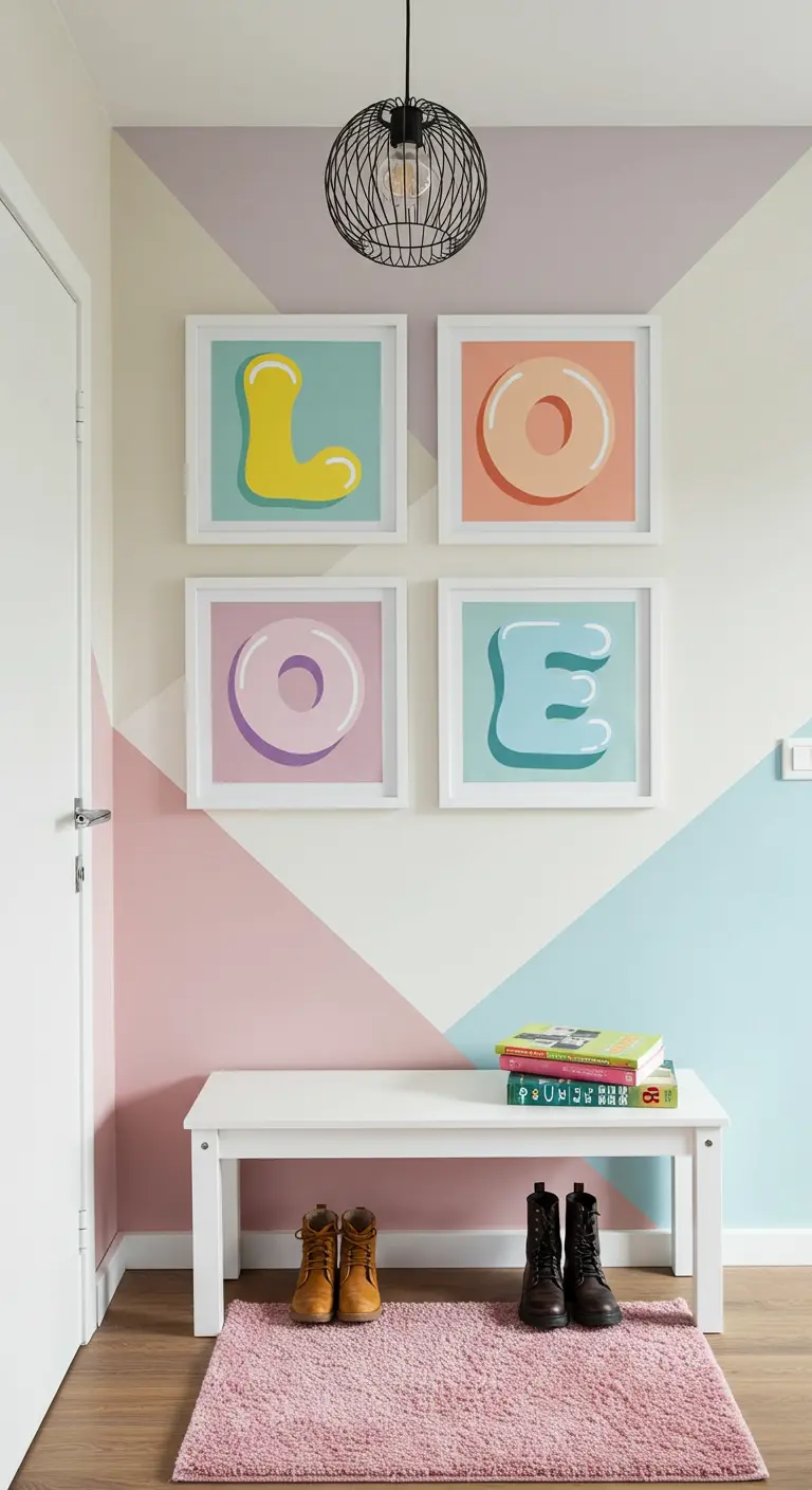 Entrada infantil y colorida con cuatro cuadros que forman la palabra 'LOVE' y una pared pintada con formas geométricas.