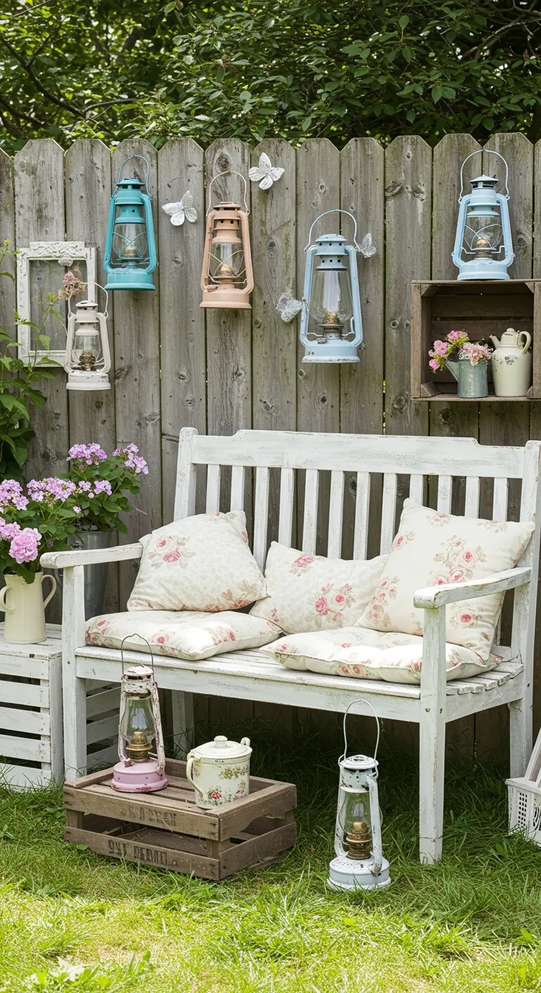 Banco blanco con cojines florales junto a una valla de madera decorada con lámparas de aceite pintadas