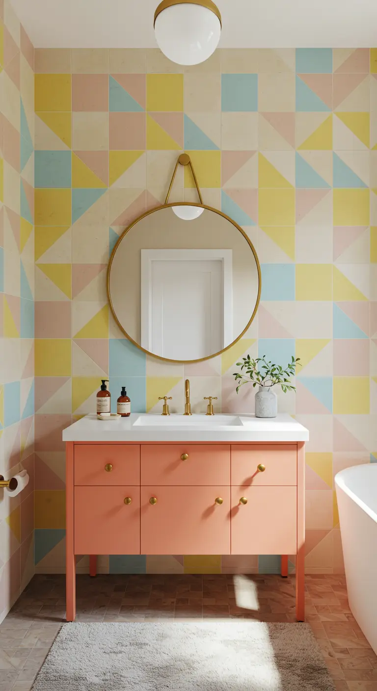 Baño alegre con azulejos geométricos en tonos pastel y mueble de lavabo rosa coral