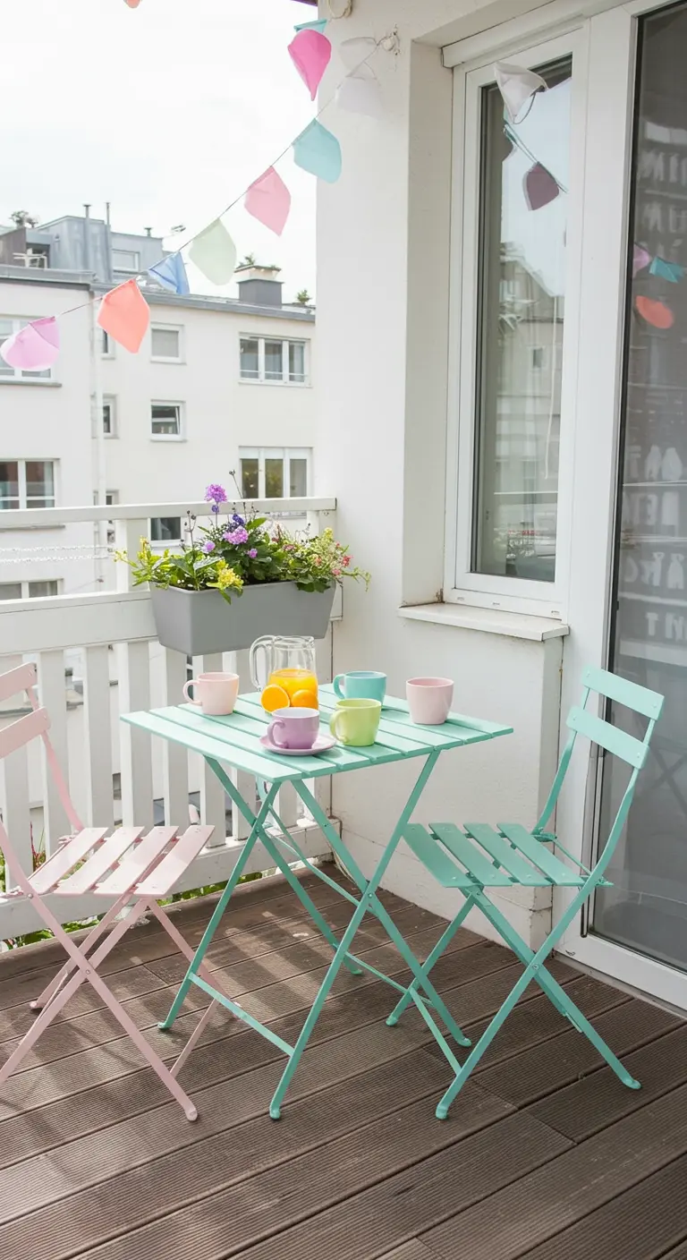 Conjunto de mesa y sillas plegables de metal en colores menta y rosa pastel en un balcón blanco.