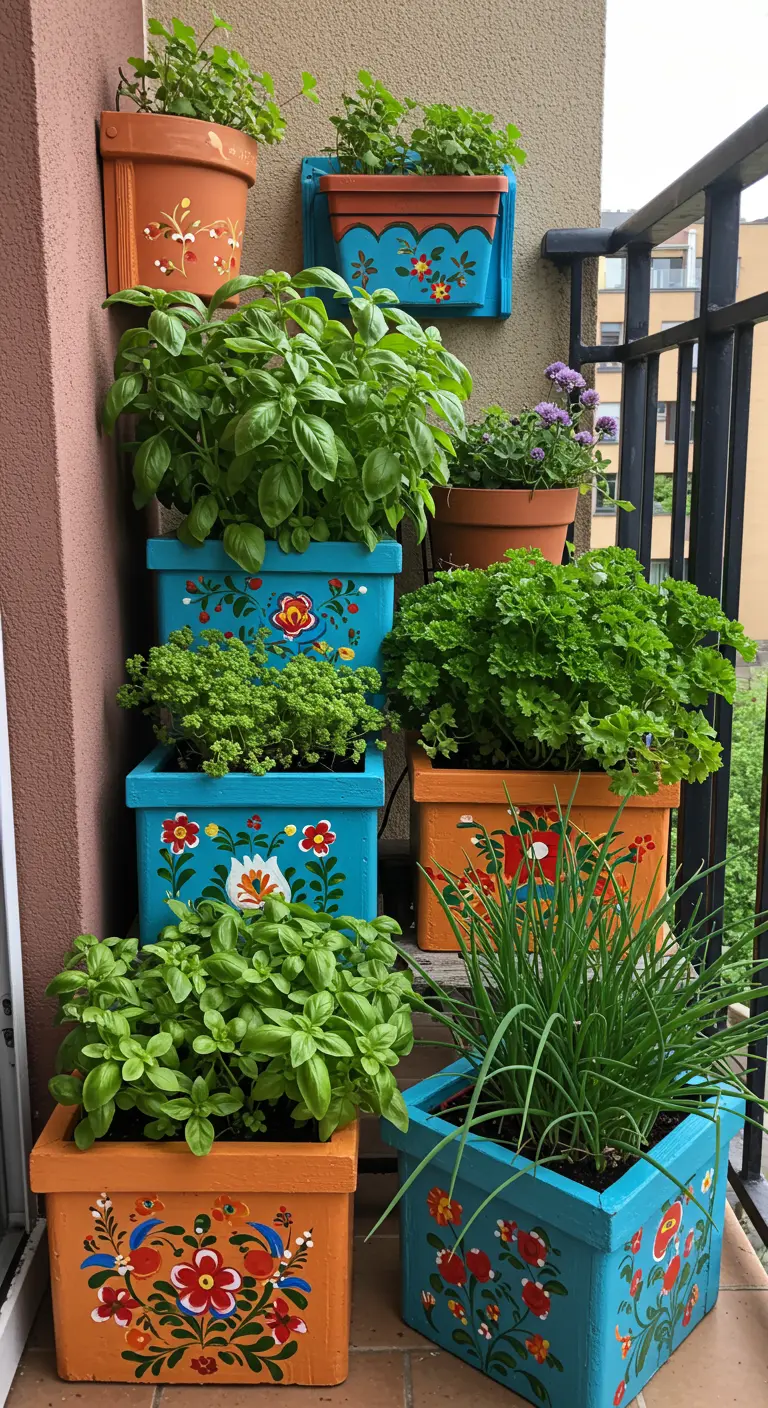 Grupo de macetas de madera de colores vivos, pintadas a mano con motivos florales de estilo popular.