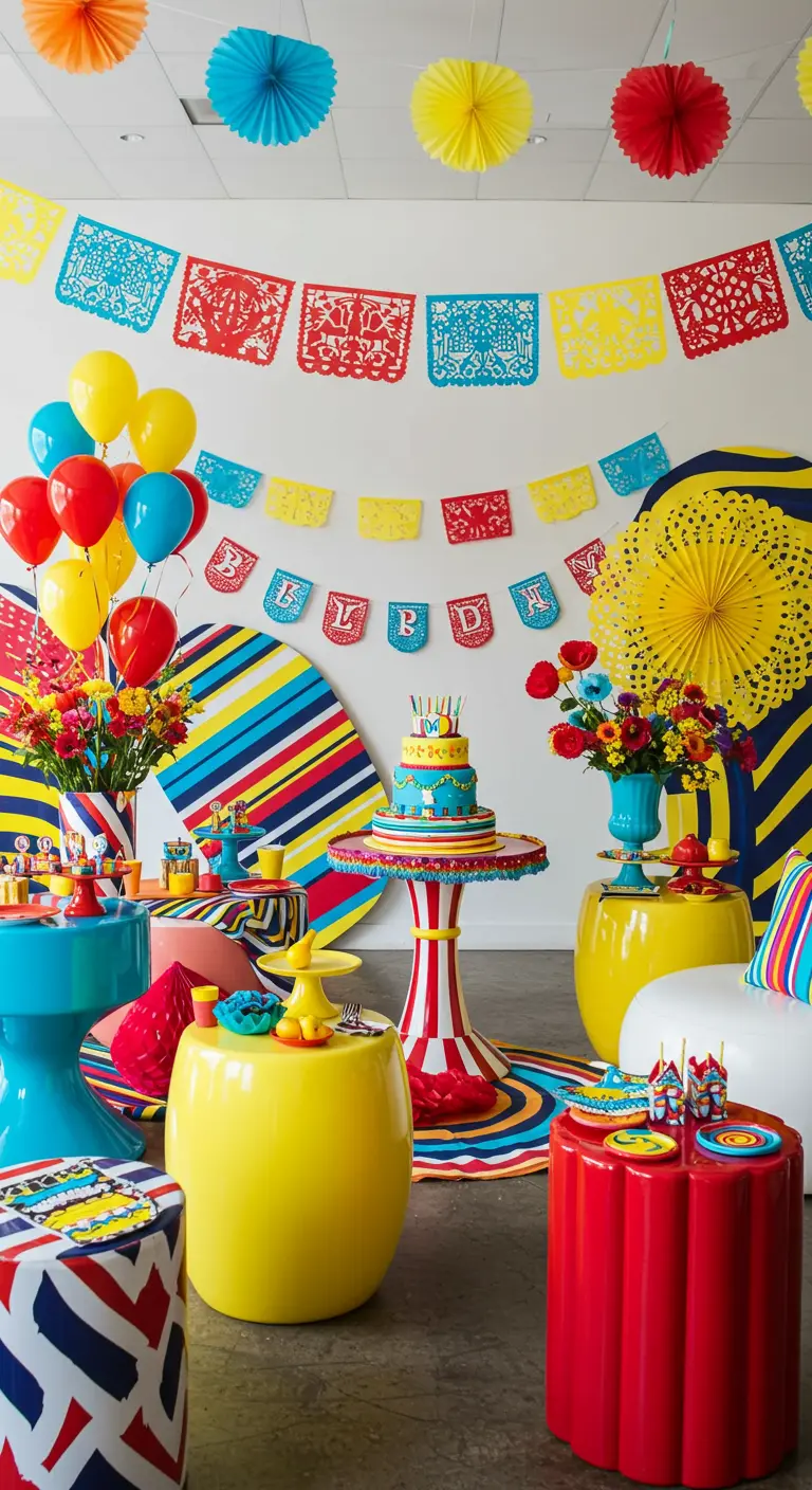 Decoración de cumpleaños estilo pop art con papel picado, globos y muebles de colores vivos.