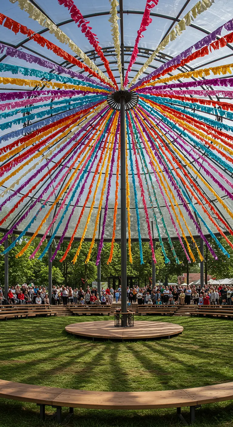 Estructura circular con guirnaldas de papel de colores radiando desde el centro.