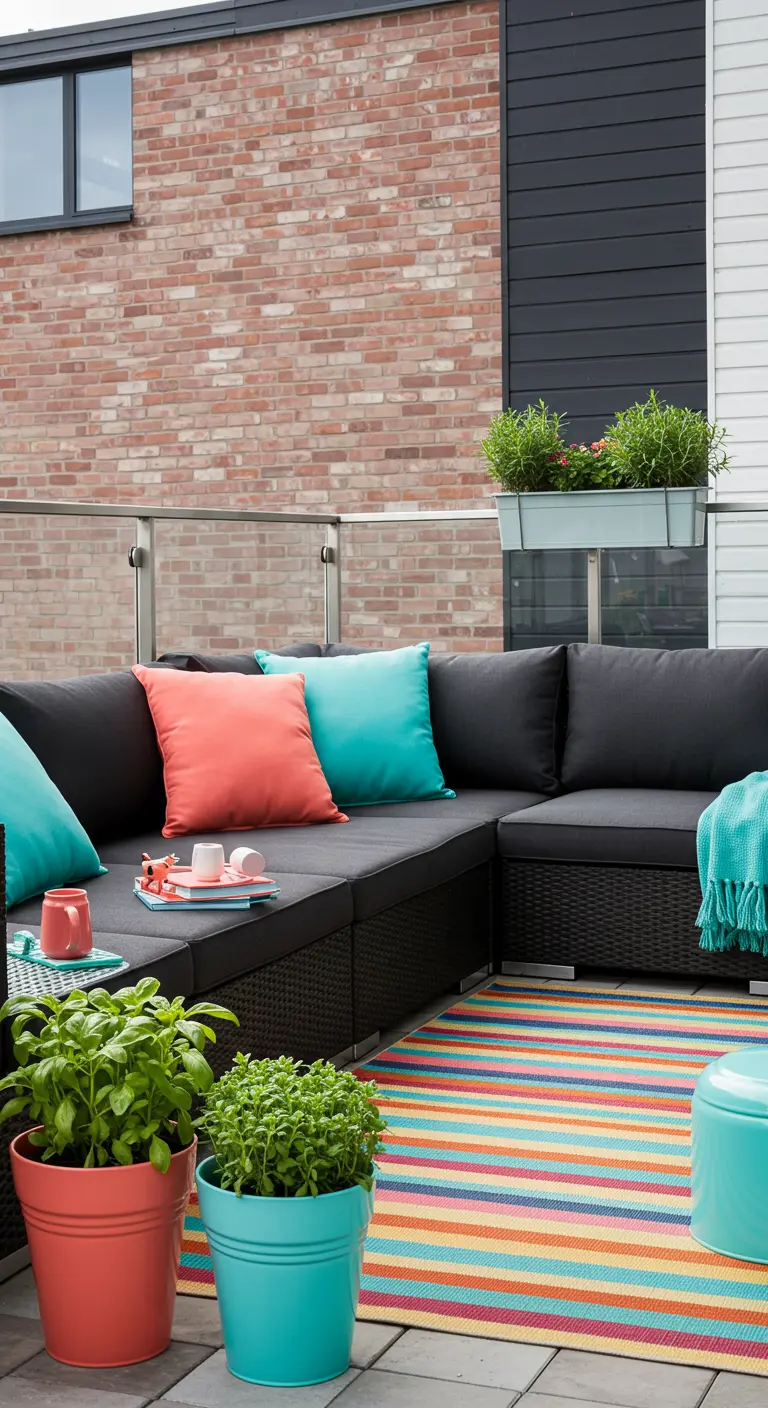 Sofá modular oscuro en una terraza con cojines y alfombra de colores vivos y macetas a juego