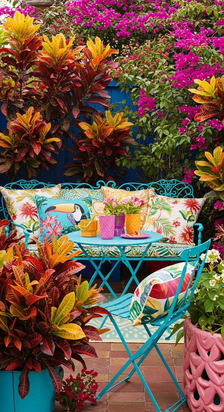 Patio muy colorido con muebles de metal turquesa y plantas de hojas rojas y amarillas.