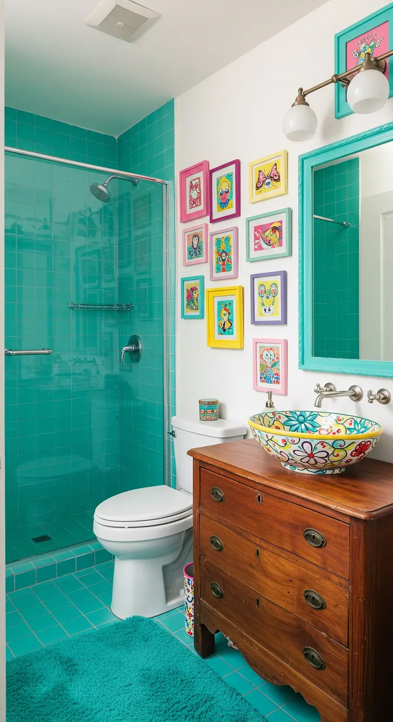 Baño vibrante con azulejos turquesa, una galería de cuadros coloridos y un lavabo pintado