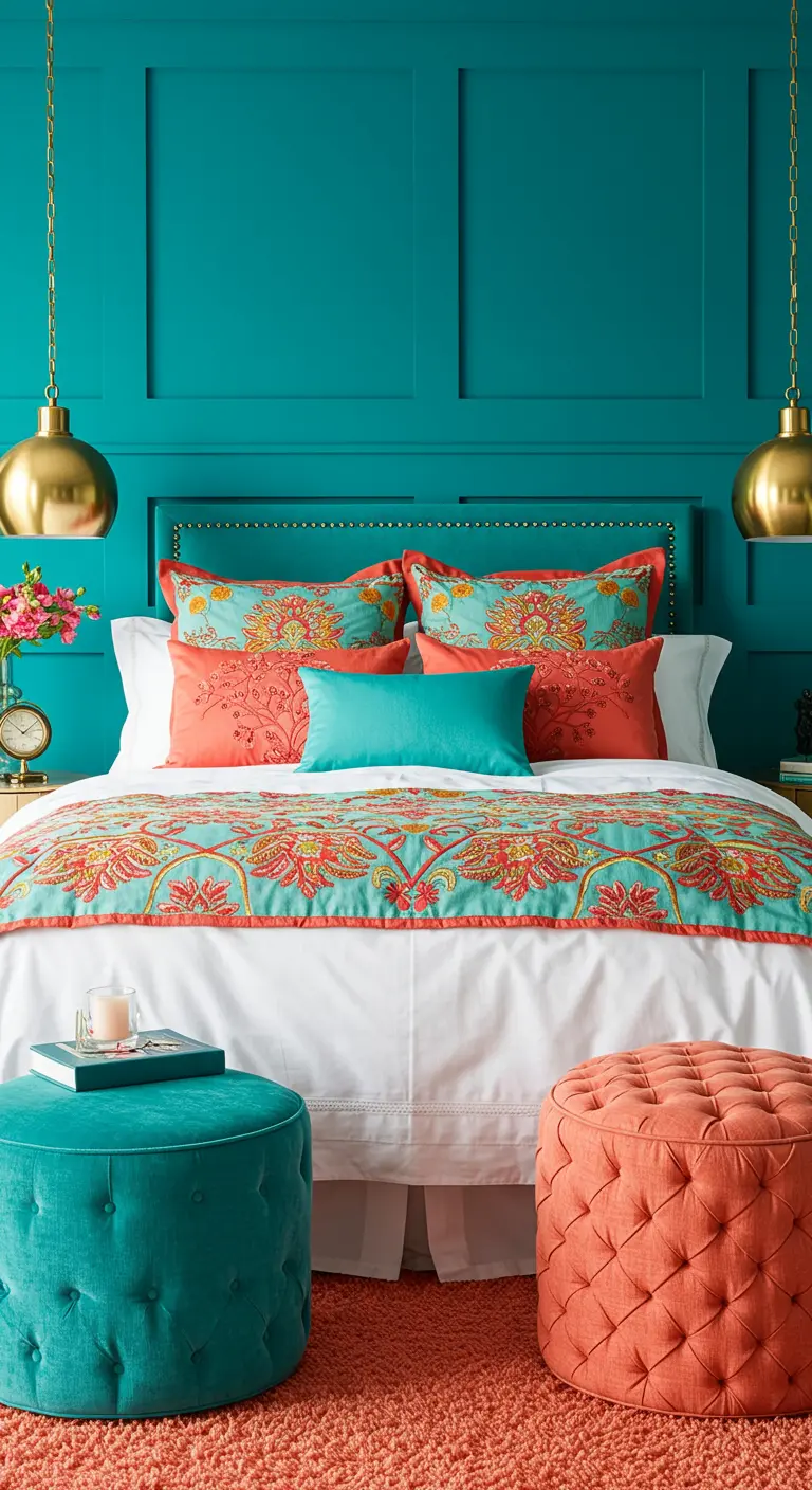 Dormitorio vibrante con pared turquesa, ropa de cama coral y detalles dorados