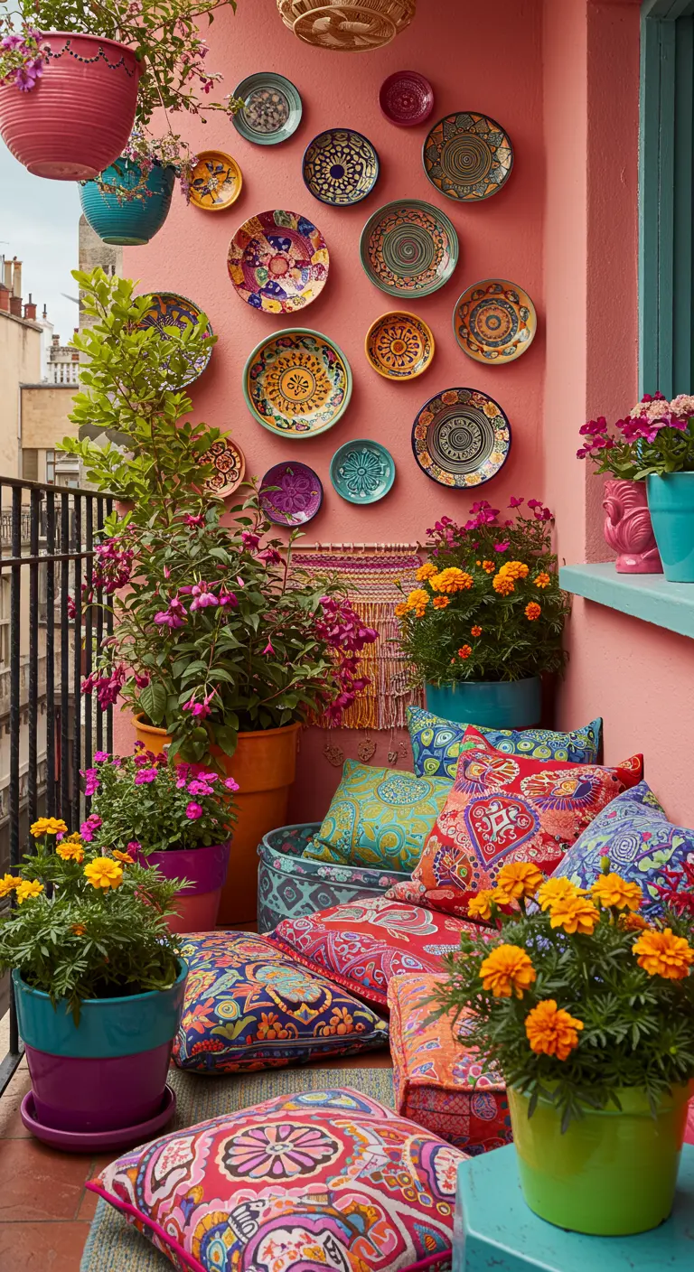 Balcón bohemio muy colorido con cojines estampados en el suelo y platos de cerámica en la pared.