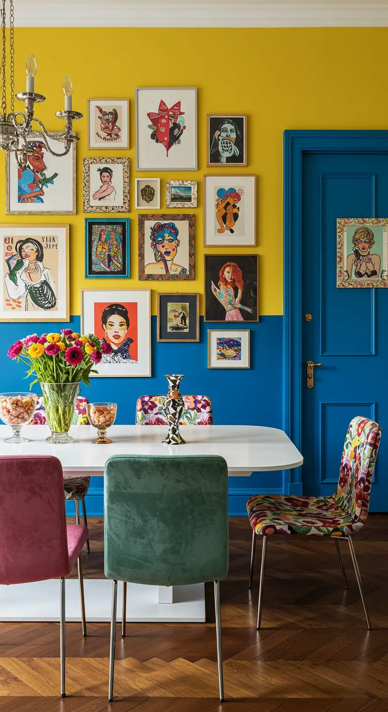 Comedor ecléctico con pared dividida en amarillo vibrante y azul cobalto, lleno de cuadros pop art.