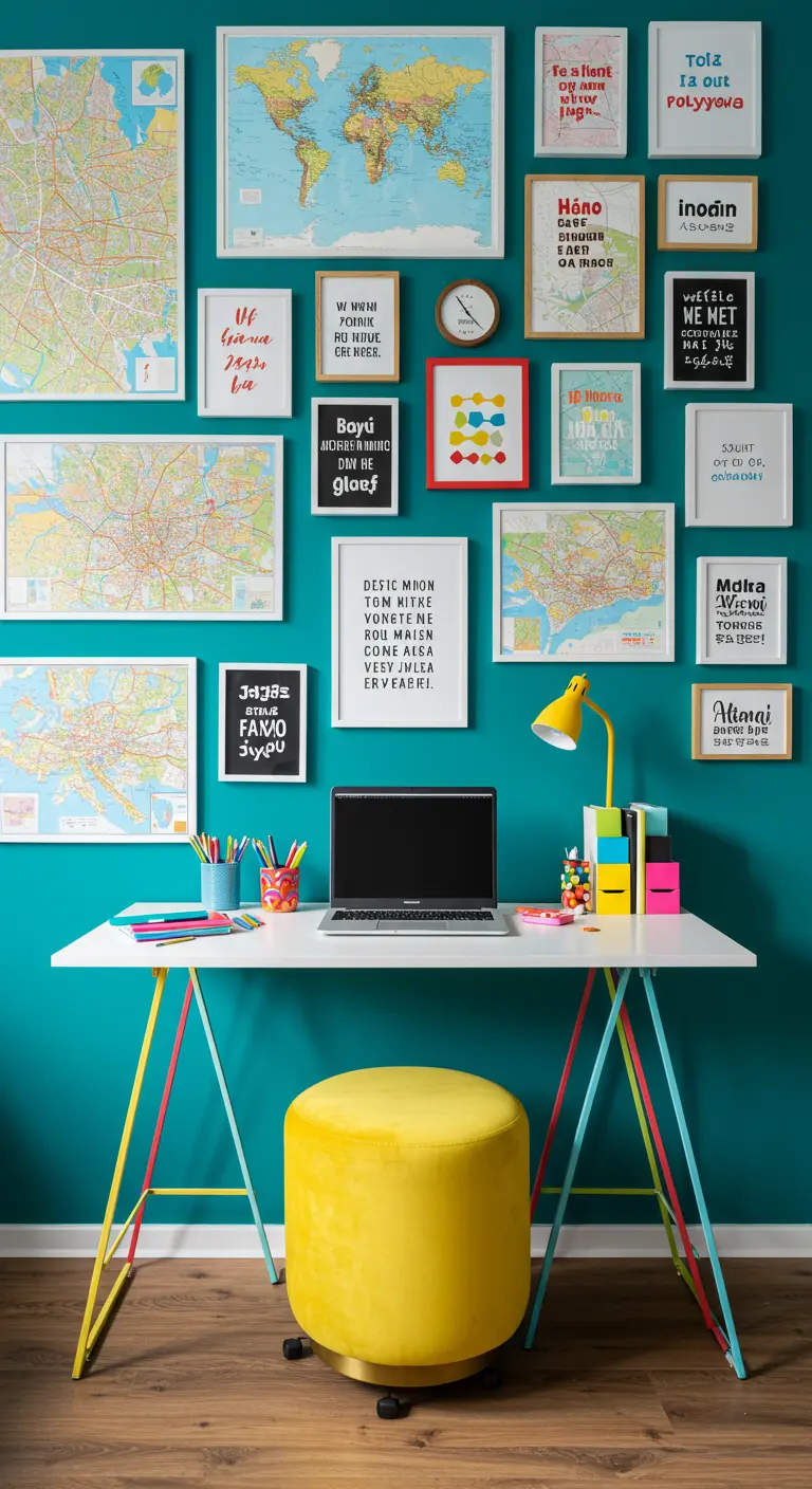 Pared de galería vibrante con mapas, cuadros con frases y un escritorio blanco y colorido.