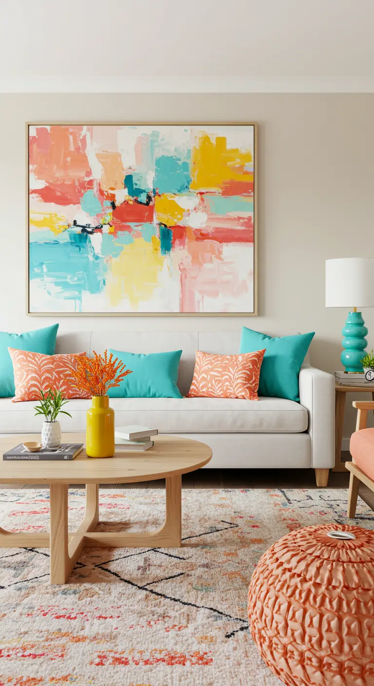 Sala de estar con un cuadro abstracto muy colorido, sofá blanco y cojines turquesa y coral.