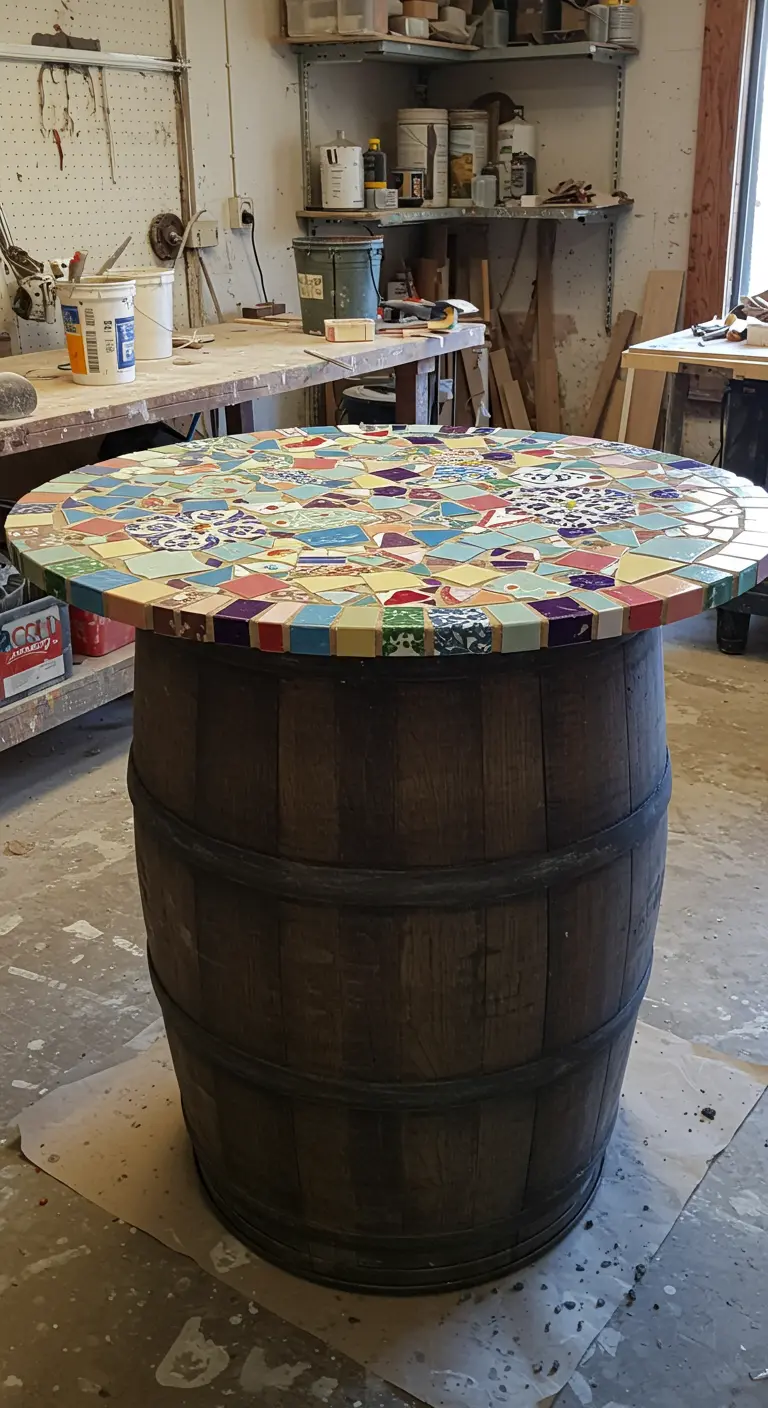 Mesa con base de barril y una vibrante tapa de mosaico hecha con trozos de azulejos de colores