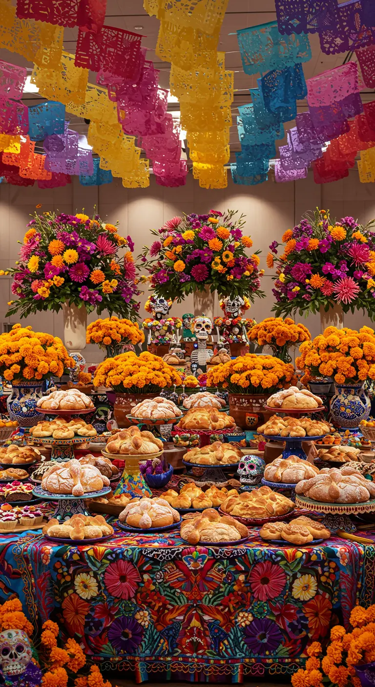 Mesa de dulces masiva y colorida con pan de muerto, flores y mucho papel picado.