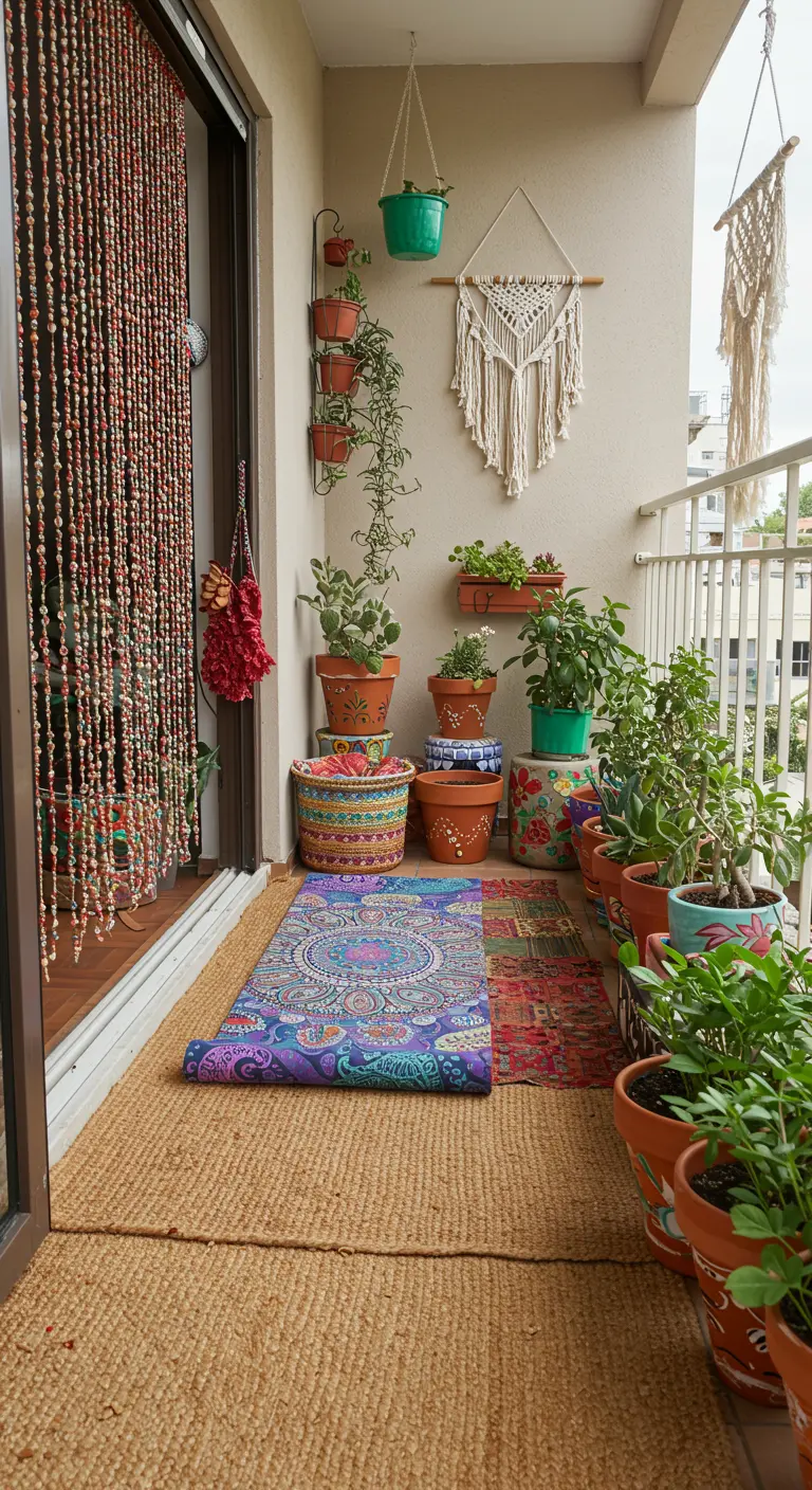 Balcón pequeño y vibrante con muchas plantas, alfombras de colores y macramé.