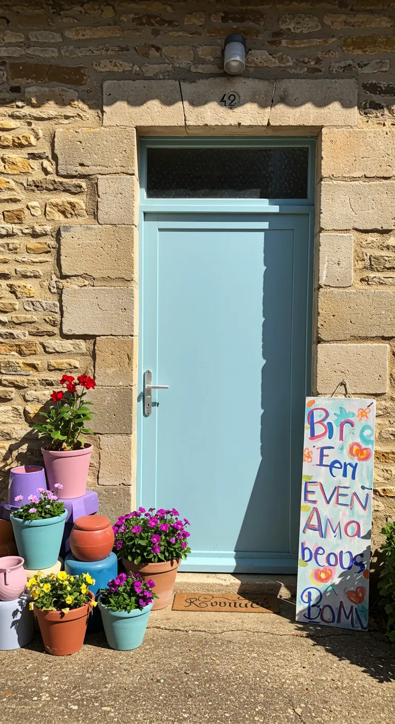 Puerta azul claro rodeada de macetas de colores vivos y un cartel de bienvenida pintado a mano
