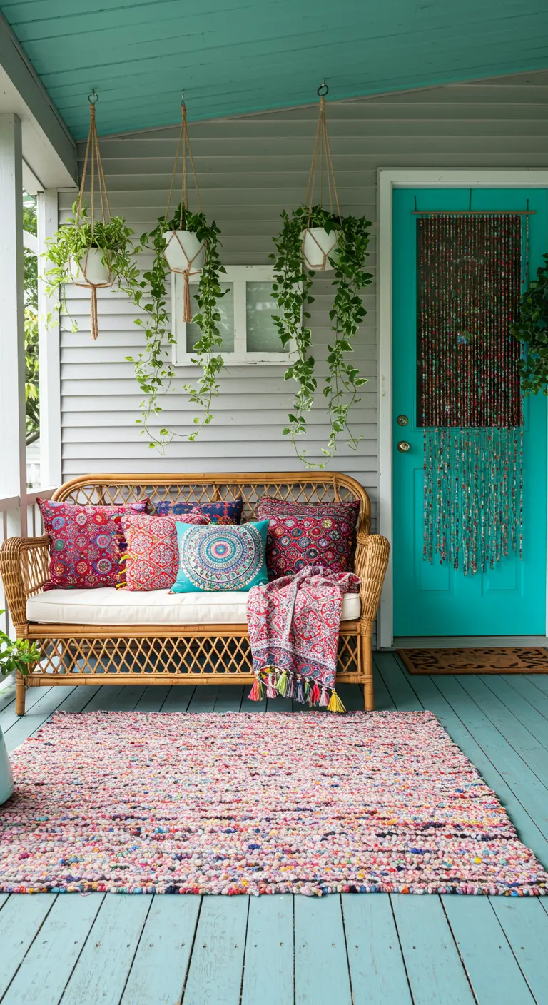 Porche boho muy colorido con sofá de bambú, cojines étnicos y alfombra de trapo.