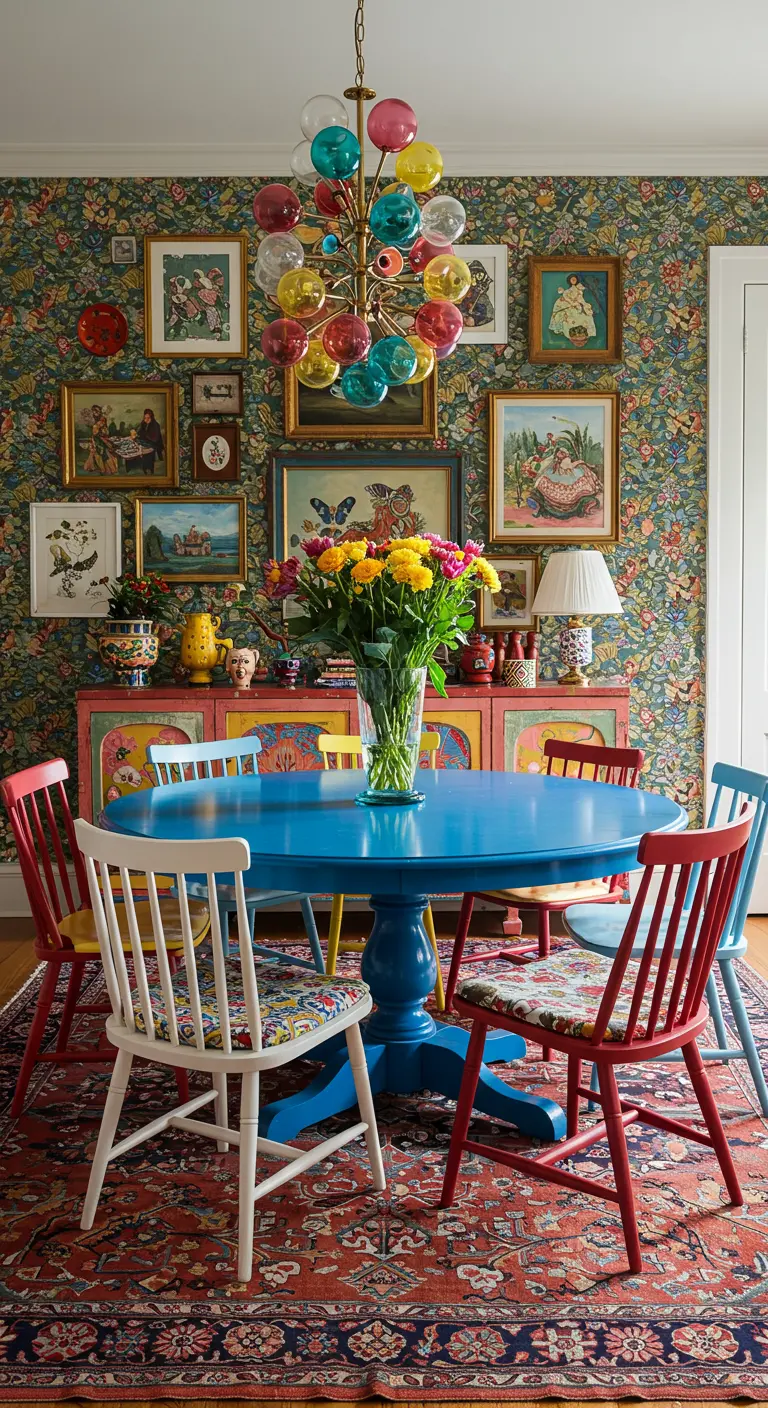 Comedor ecléctico y colorido con mesa azul y lámpara de burbujas de colores.