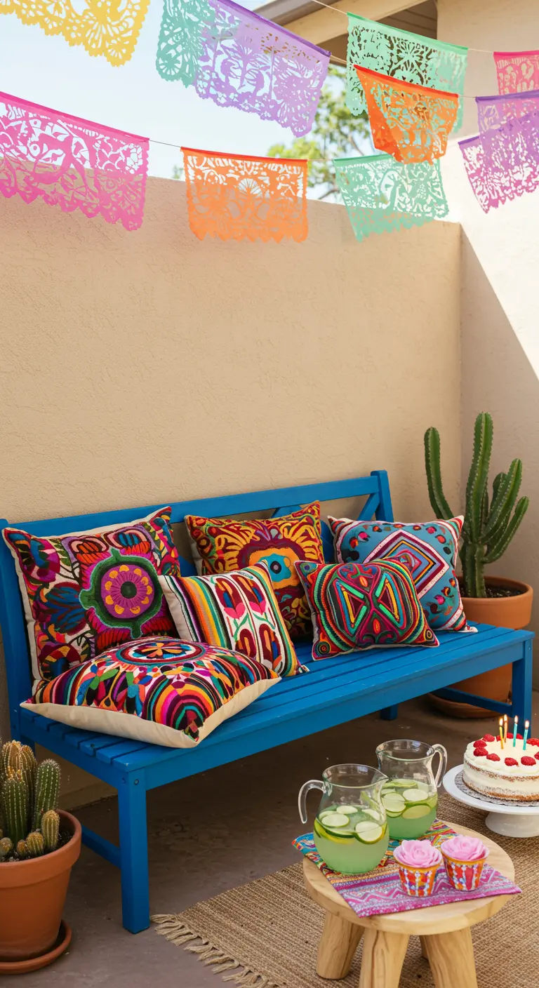 Banco azul brillante con cojines bordados de colores y papel picado.