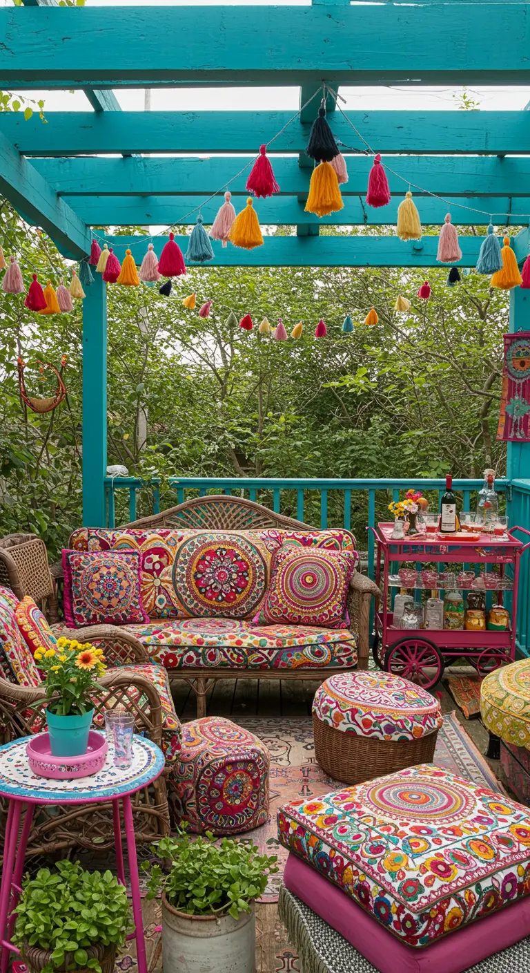 Terraza con pérgola pintada de turquesa, muebles de mimbre y una explosión de cojines y textiles de colores.