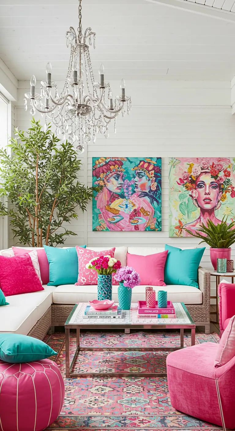 Porche colorido con sofá blanco, cojines fucsias y turquesas, cuadros pop y lámpara de cristal