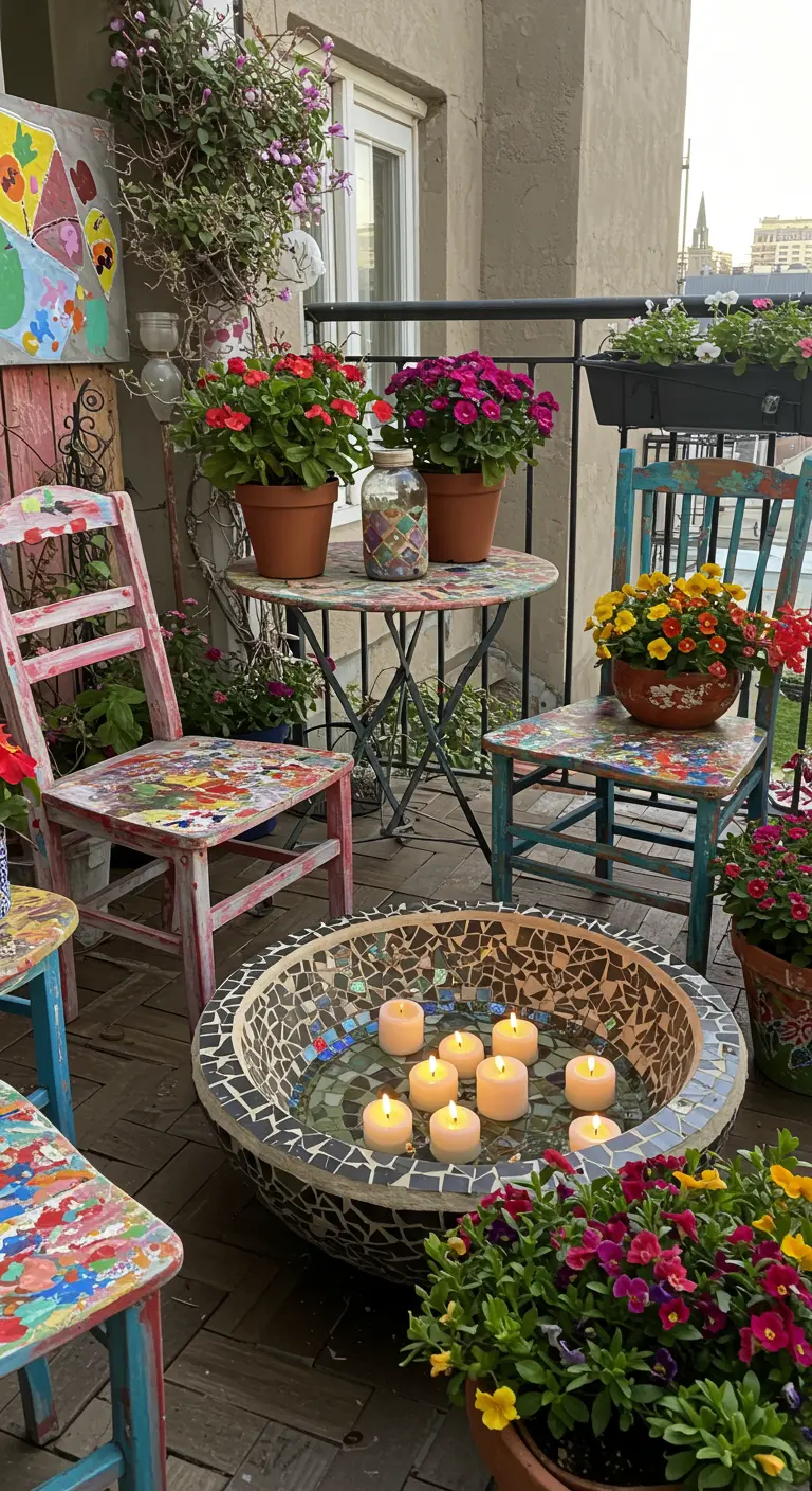Balcón artístico con sillas pintadas de colores, flores vibrantes y una fuente de mosaico con velas