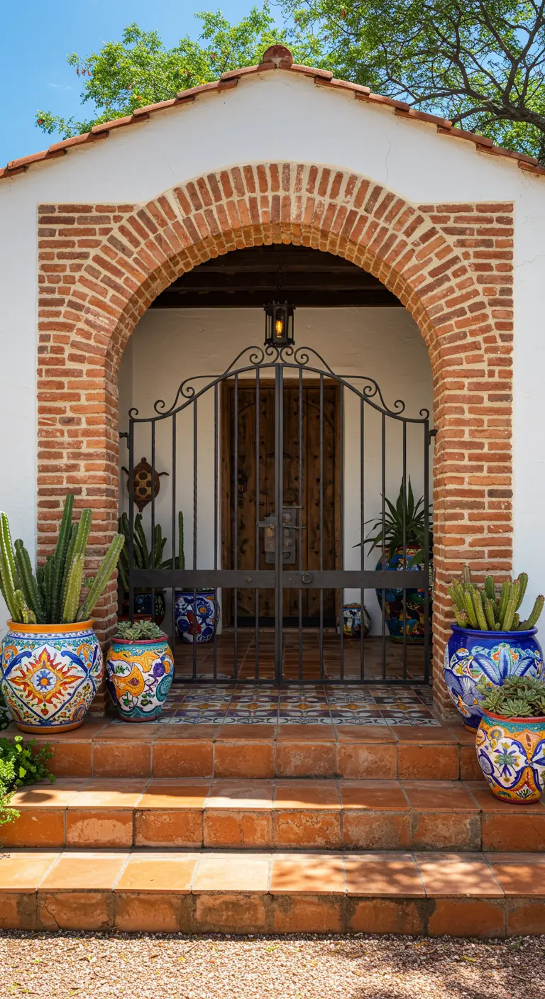 Entrada de estilo mexicano con arco de ladrillo, reja de hierro y macetas de Talavera coloridas.