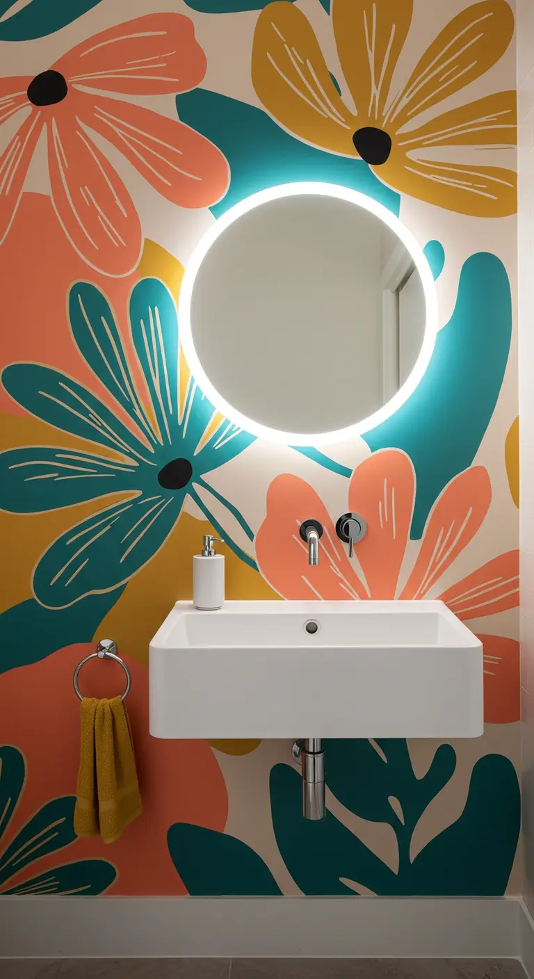 Baño pequeño con papel tapiz de flores gigantes de estilo pop-art y un espejo redondo con luz.