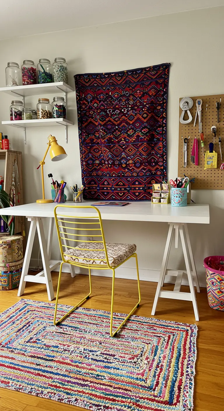 Oficina en casa colorida con escritorio de caballetes, tapiz étnico y alfombra de trapo.