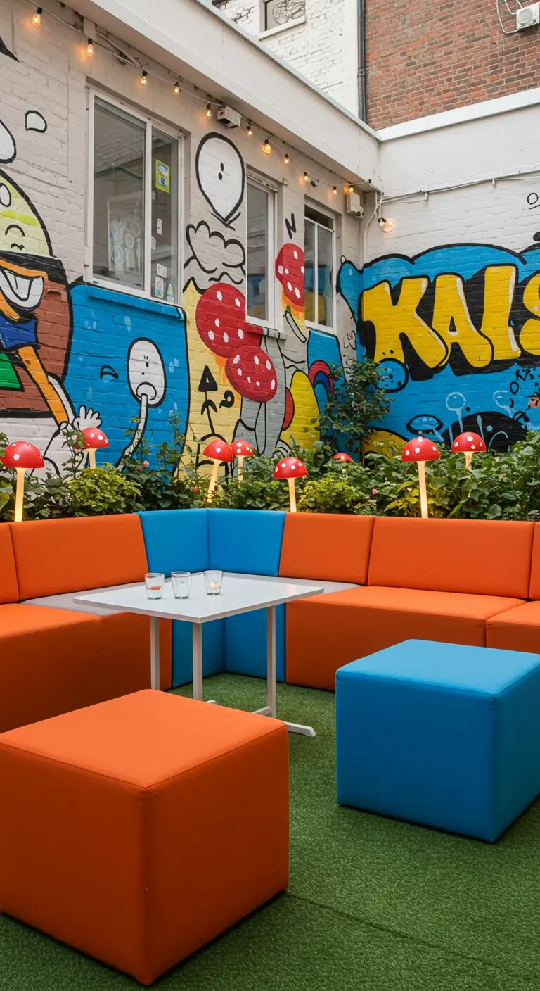 Patio colorido con grafiti de cómic, sofás modulares naranjas y azules, y luces en forma de seta