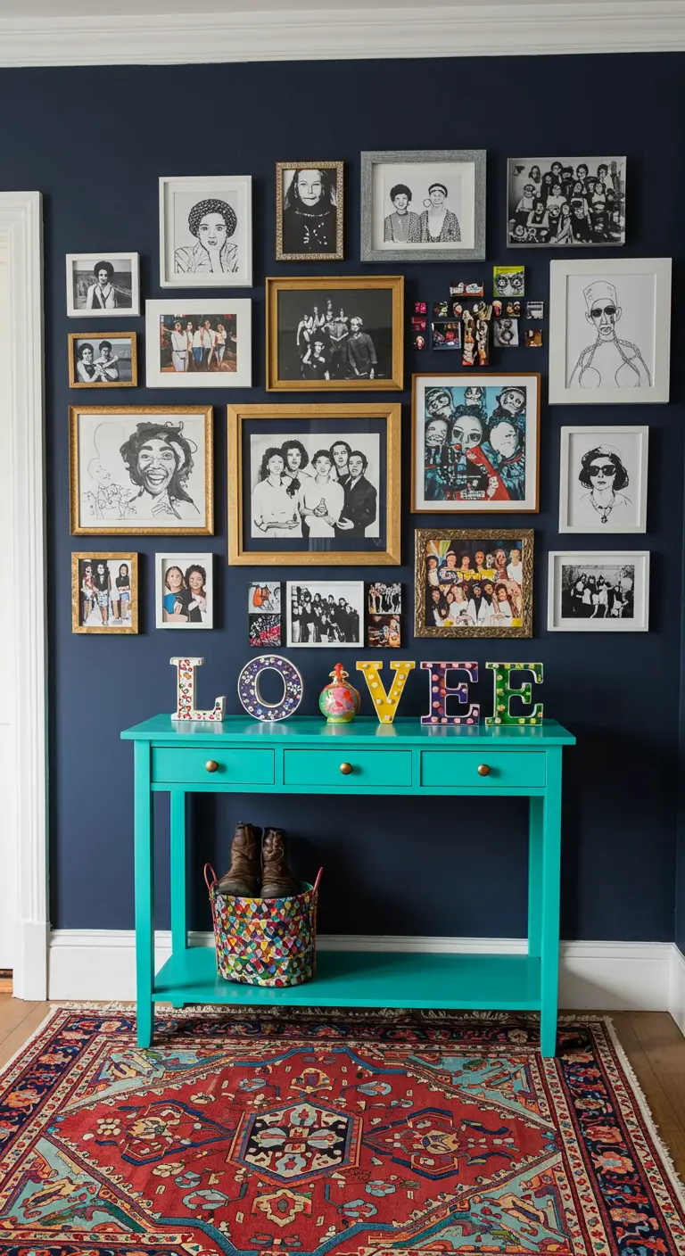 Recibidor vibrante con pared azul, consola turquesa y las letras de LOVE decoradas con patrones.