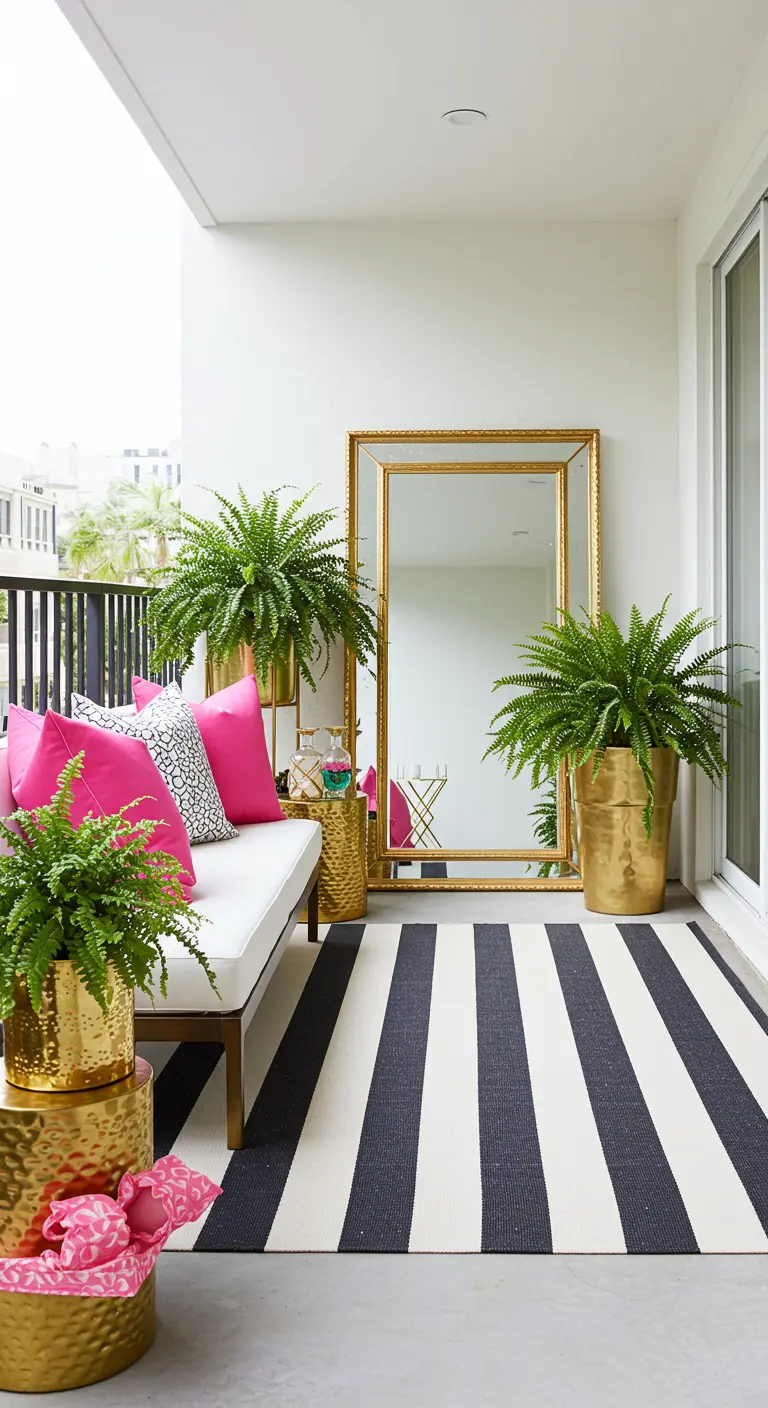 Balcón vibrante con sofá blanco, cojines fucsia, espejo rectangular dorado y maceteros dorados con helechos.