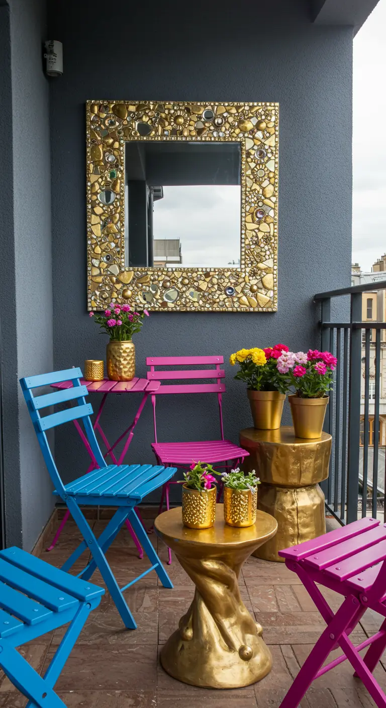 Balcón colorido con sillas fucsias y azules y un espejo cuadrado con un marco de mosaico dorado.