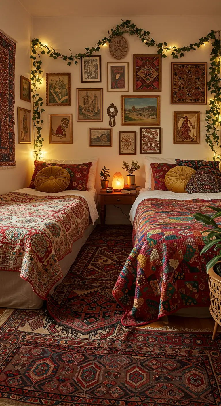 Dormitorio bohemio maximalista con camas coloridas, pared de galería y luces cálidas.