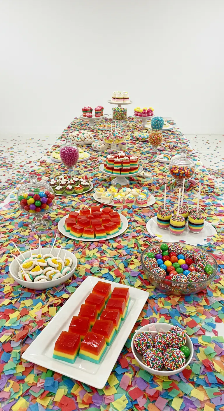 Mesa blanca larga cubierta completamente de confeti de colores con gelatinas y dulces del arcoíris.