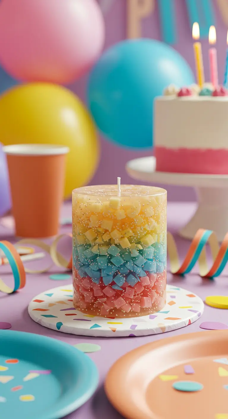 Vela cilíndrica hecha con cubos de cera de colores, rodeada de decoración de fiesta.