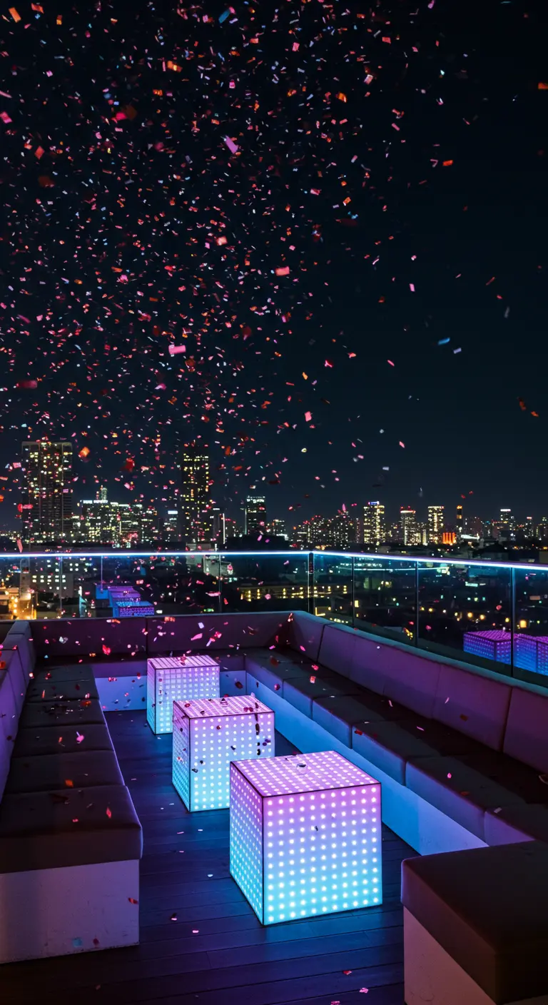 Terraza con vistas a la ciudad, cubos de luz LED y confeti cayendo sobre los asientos.