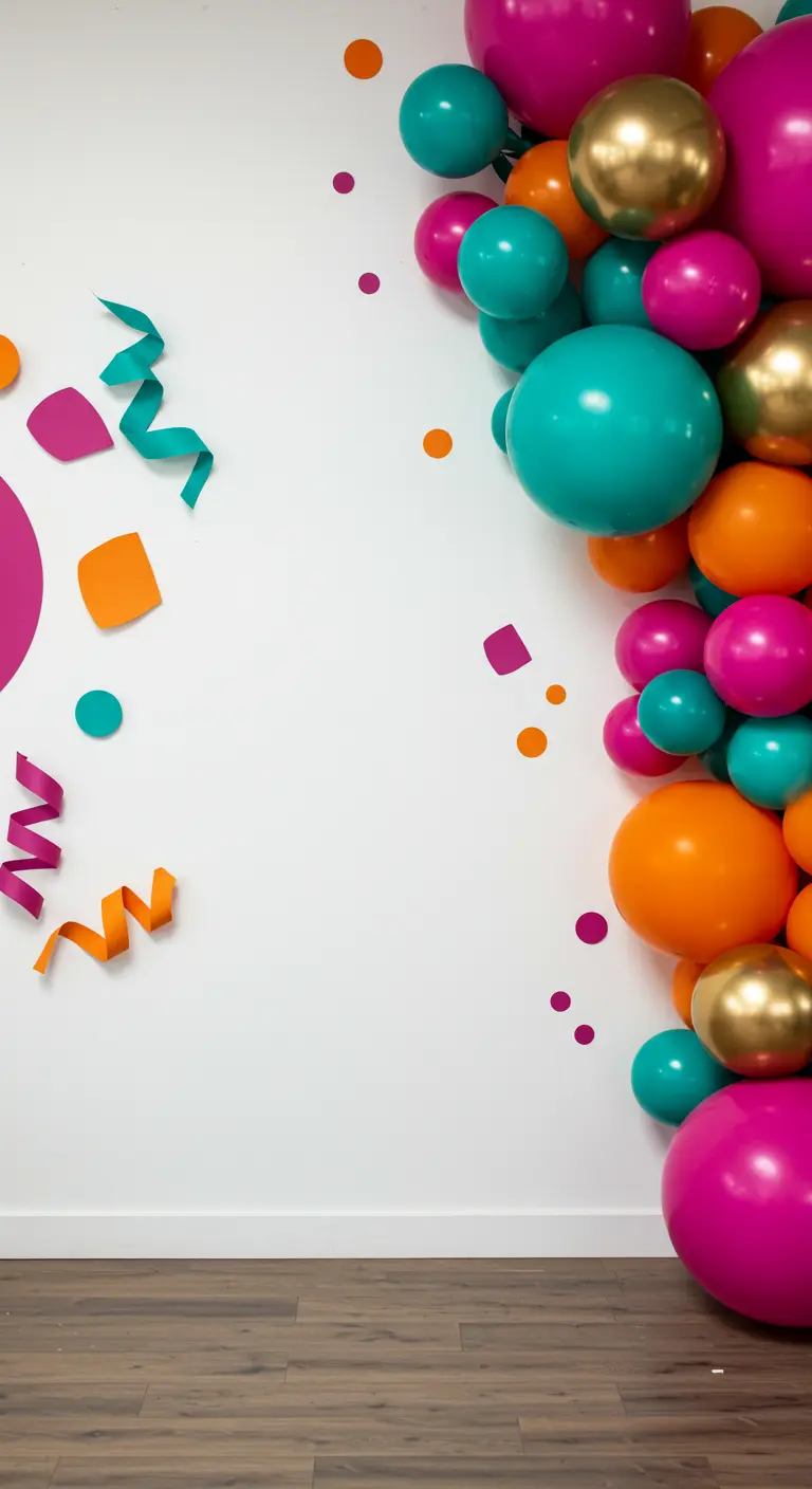 Globos de colores vibrantes (rosa, naranja, turquesa) en una pared blanca con confeti de papel.