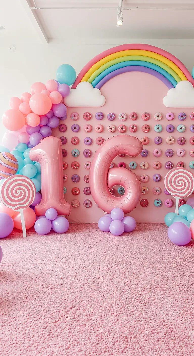 Fiesta de cumpleaños número 16 con pared de donuts, arcoíris de globos y colores pastel.
