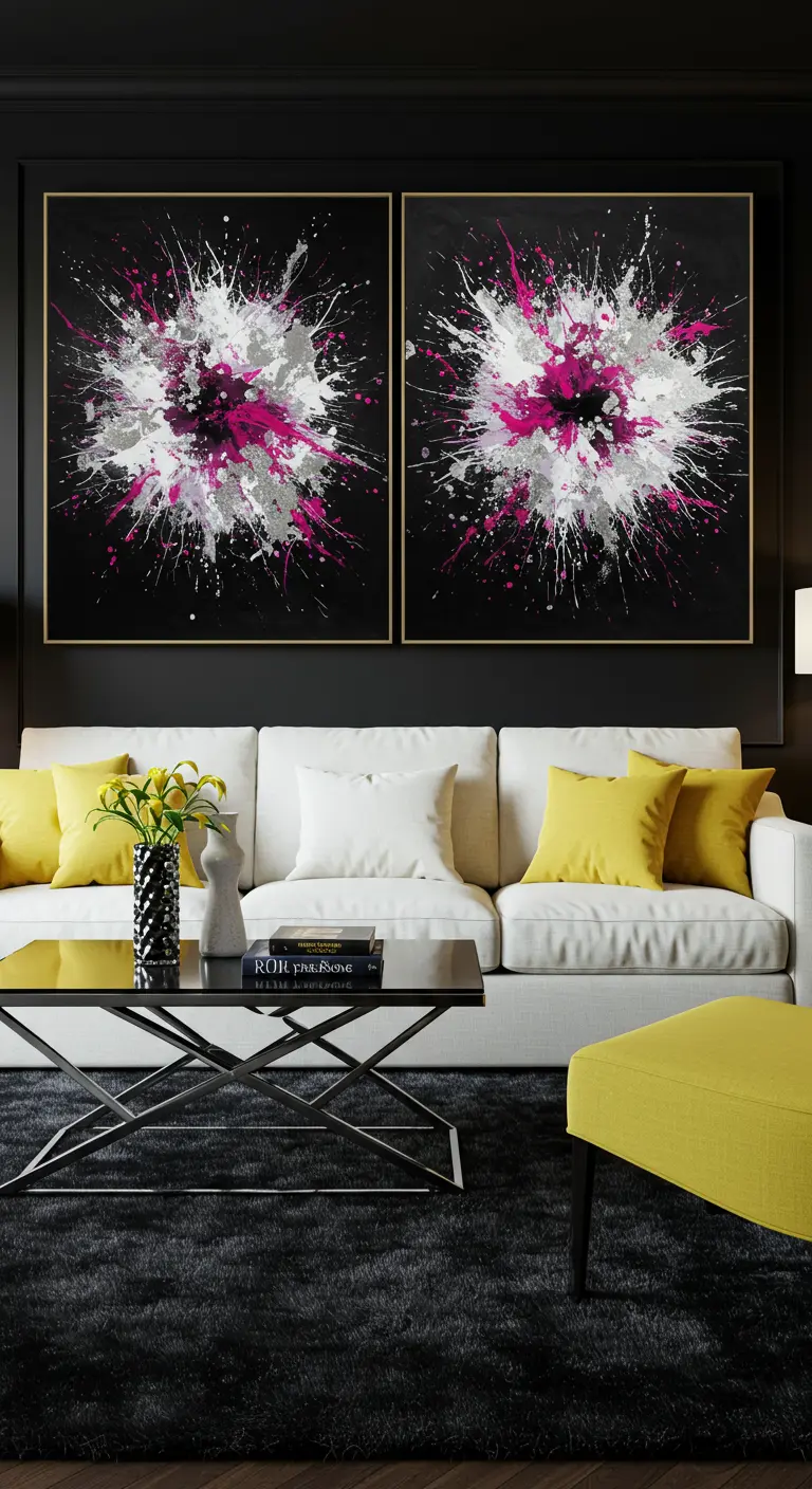 Sala moderna con pared negra, sofá blanco y dos cuadros abstractos con salpicaduras magenta.
