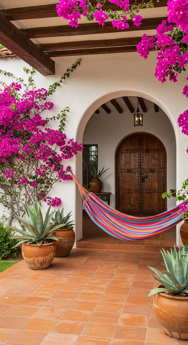 Patio de estilo mediterráneo con una pared cubierta de buganvillas fucsias y una hamaca de colores.