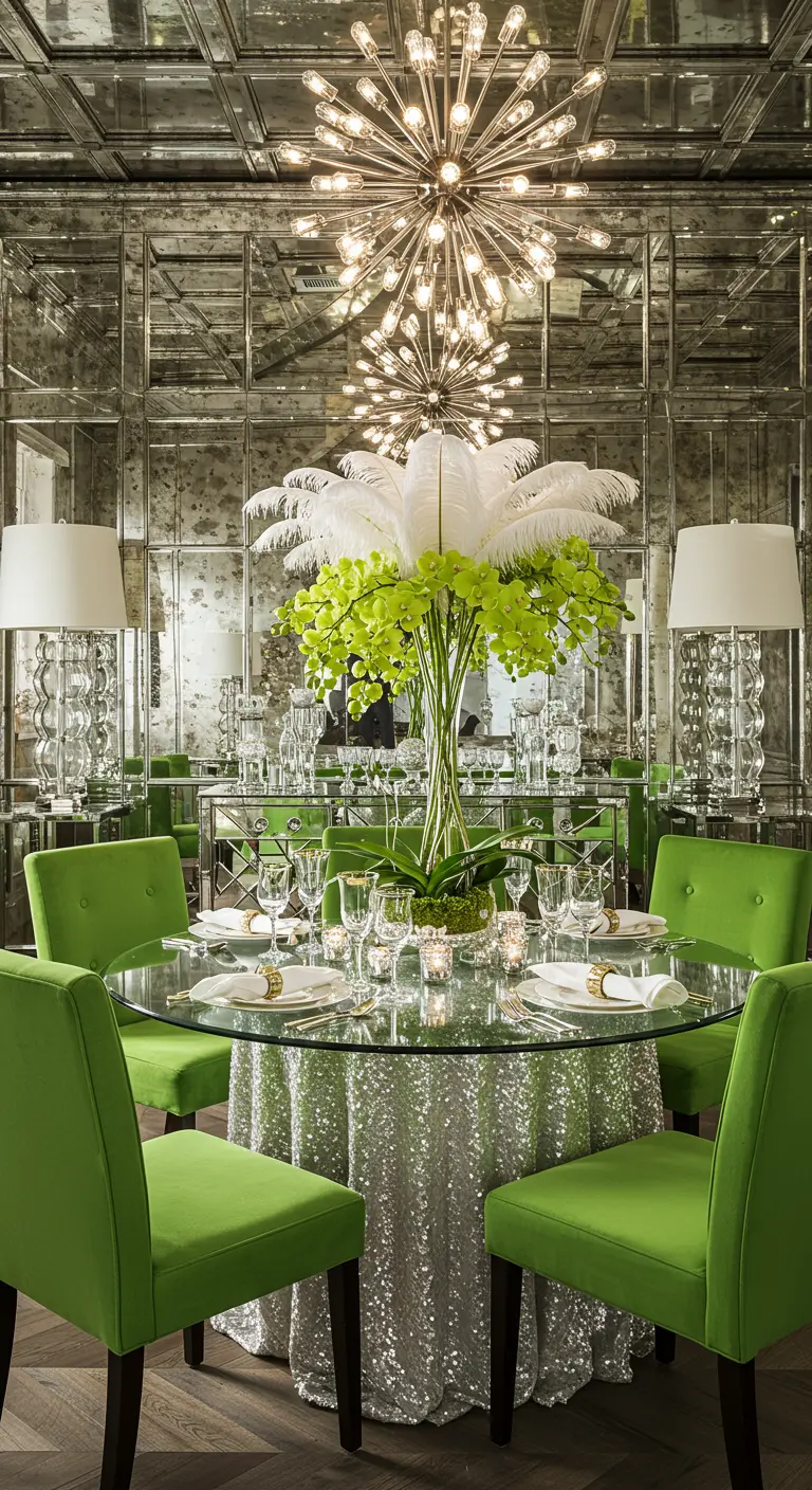 Mesa redonda glamurosa con mantel de lentejuelas, sillas verde lima y un centro de mesa exótico.
