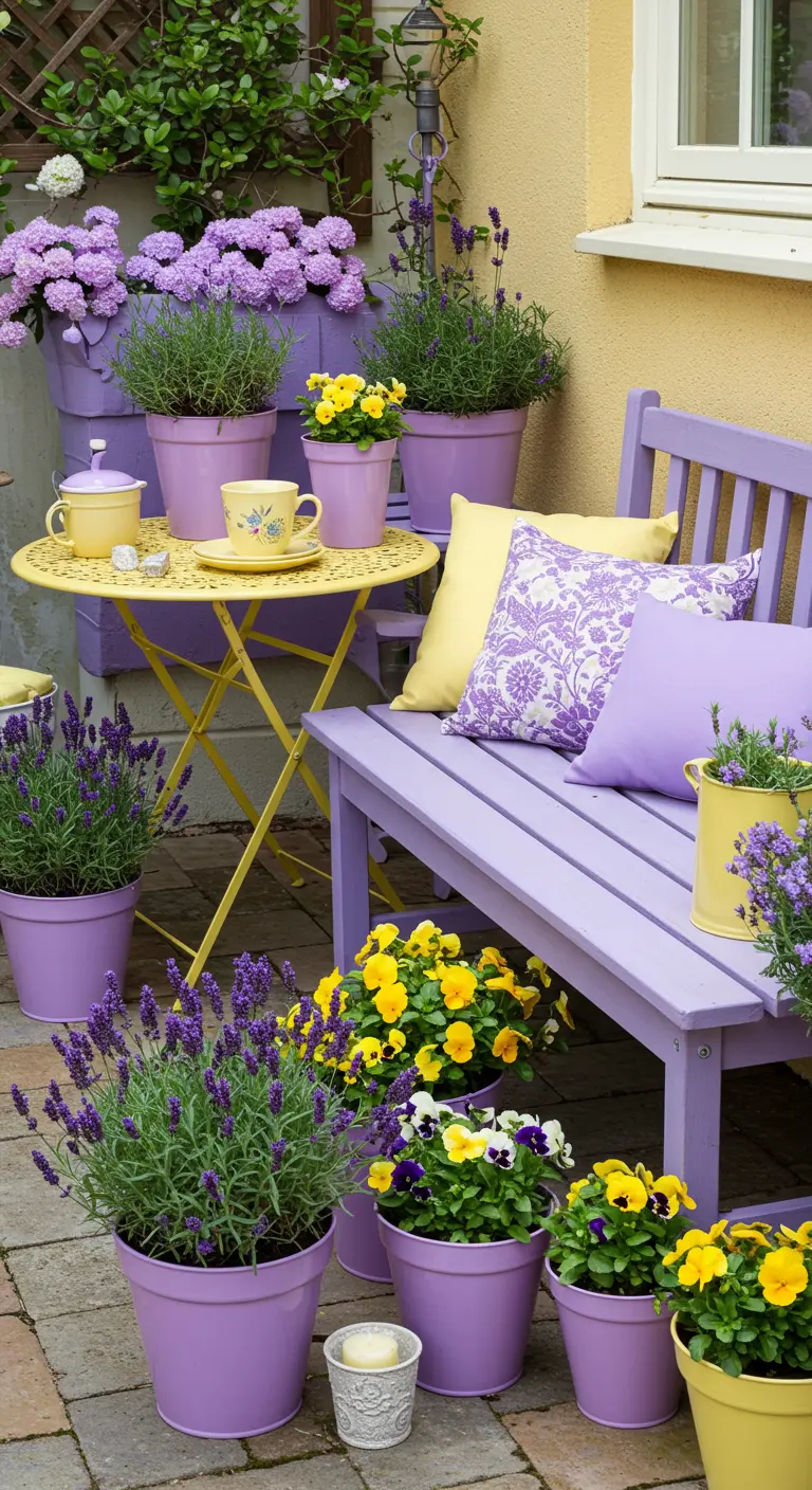 Rincón de jardín con banco lila, mesa amarilla y macetas con flores a juego.