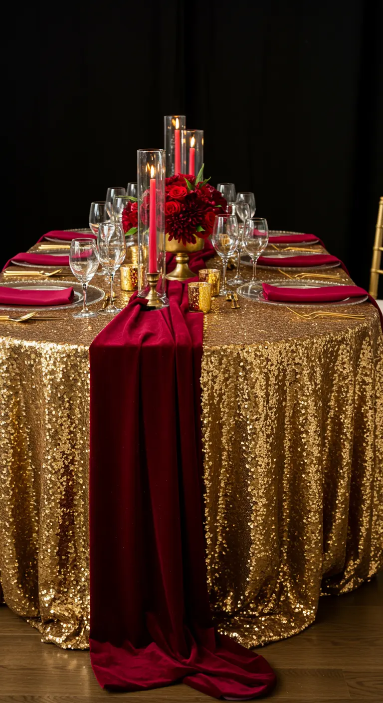 Mesa redonda cubierta con un mantel de lentejuelas doradas y un camino de terciopelo rojo.